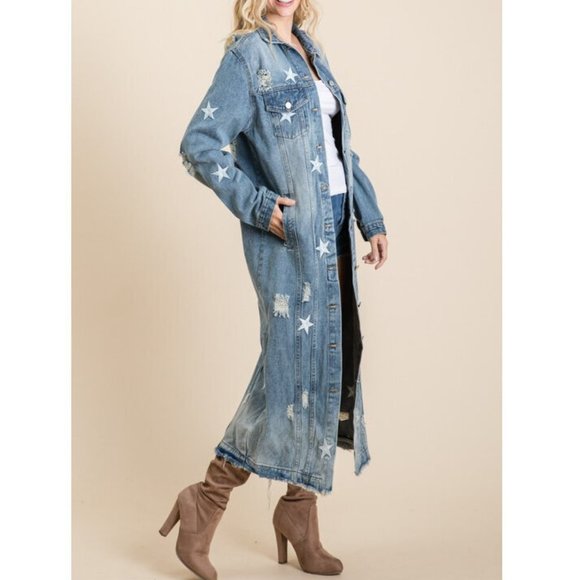 Star Distressed Long Maxi Denim Jean Jacket Coat - Picture 4 of 9